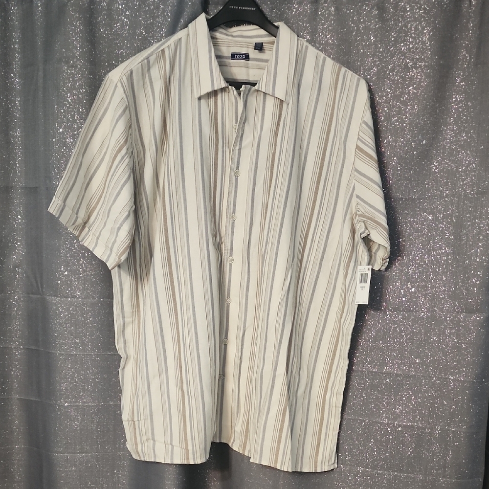 Izod Beige and White Striped Casual Shirt